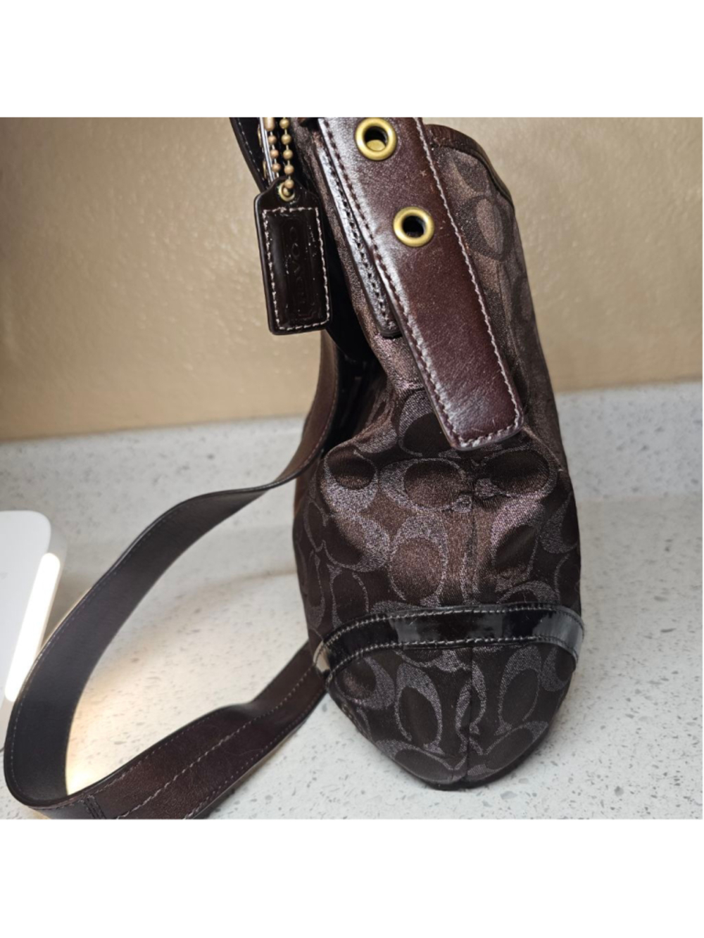 Coach Brown Signature Jacquard Studded Flap Shoulder Bag - Picture 3 of 10